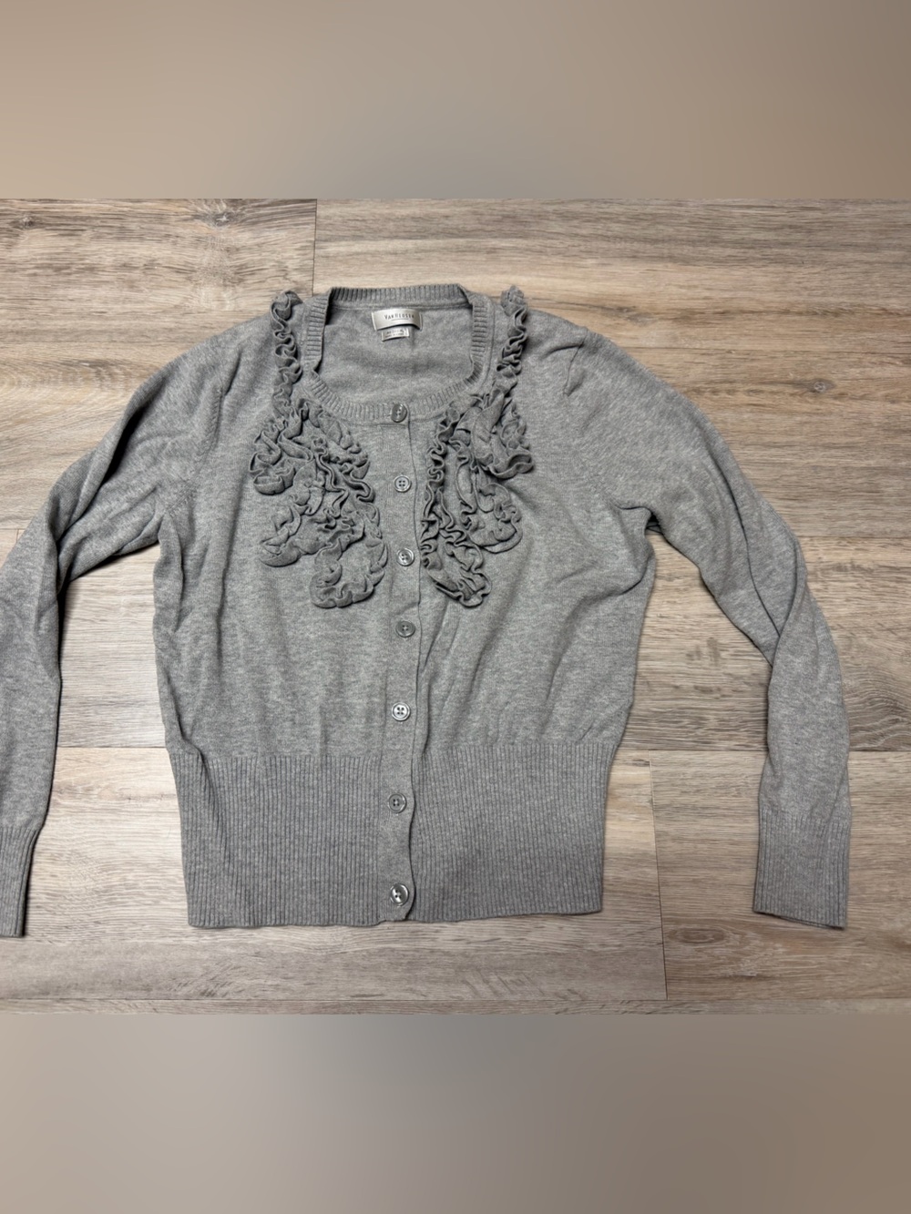 Van Heusen Women’s Medium Gray Ruffle-Trim Button Cardigan